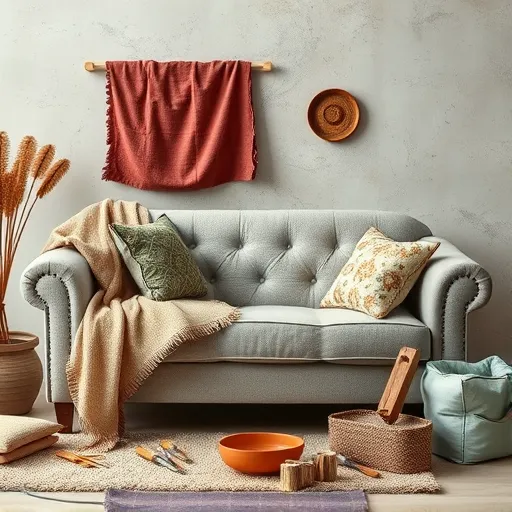Generate an artistic image for 'Couch Repair in `Ayn ad Dar', depicting various sofa fabrics and upholstery tools arranged aesthetically, suitable for alt description. Couch Repair in `Ayn ad Dar Sofa Repair Bahrain
